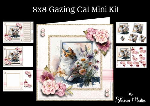 8x8 Gazing Cat Mini Kit - Decoupage, & Pyramage - x5 A4 sheets 