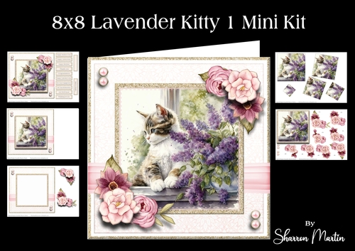 8x8 Lavender Kitty 1 Mini Kit - Decoupage, & Pyramage - x5 A4 sheets 