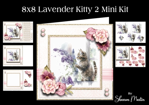 8x8 Lavender Kitty 2 Mini Kit - Decoupage, & Pyramage - x5 A4 sheets 