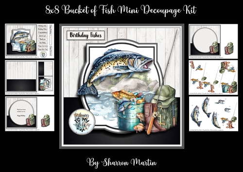 8x8 Bucket of Fish Mini Decoupage Kit - x6 A4 sheets 
