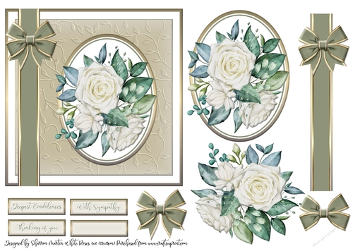 6x6 White Roses Sympathy Card Front, Topper, Decoupage and sentiments