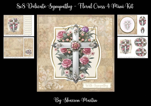 8x8 Delicate Sympathy Floral Cross 4 Mini Kit - x4 A4 sheets 