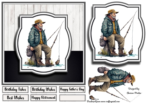 7x7 Fishing Man 3 Card Front, Topper, Decoupage & Sentiments