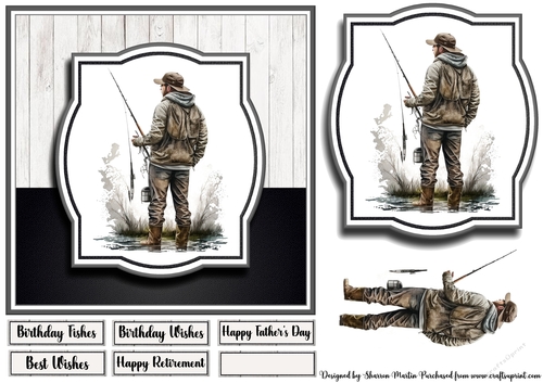 7x7 Fishing Man 6 Card Front, Topper, Decoupage & Sentiments