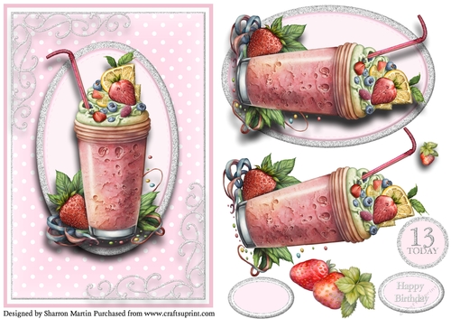 A5 So Smoothies..8 - 13th Birthday Cad Front with Topper, Decoupage & Sentiments 