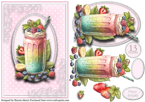 A5 So Smoothies..12 - 13th Birthday Cad Front with Topper, Decoupage & Sentiments 