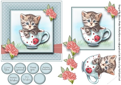 6x6 Cute Kitten in a cup 1 Card Front, Decoupage & Sentiments