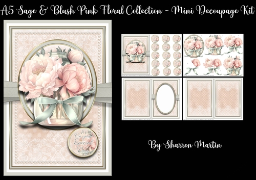 A5 Sage & Pink Blush Floral Collection 5 Mini Decoupage Kit - x4 A4 sheets 