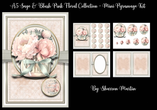 A5 Sage & Pink Blush Floral Collection 5 Mini Pyramage Kit - x4 A4 sheets 