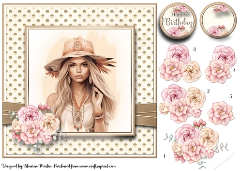 8x8 Boho Beautiful Lady Card Front, Sentiments & Decoupage 