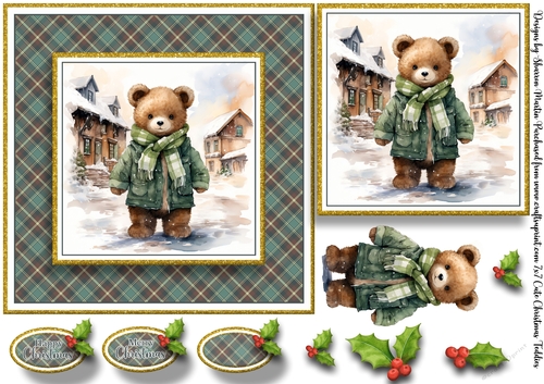 7x7 Cute Christmas Ted 1 Card Front, Topper, Decoupage & Sentiments