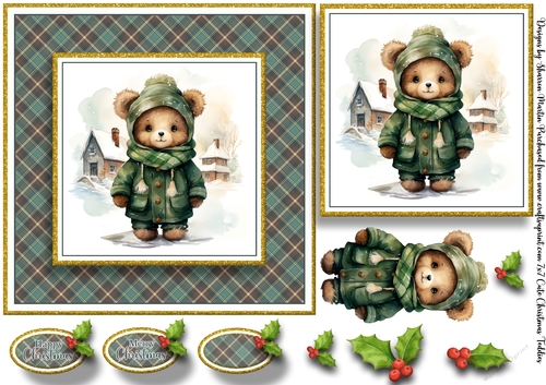 7x7 Cute Christmas Ted 2 Card Front, Topper, Decoupage & Sentiments