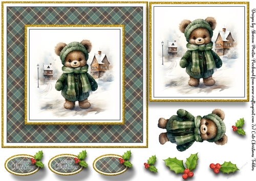 7x7 Cute Christmas Ted 3 Card Front, Topper, Decoupage & Sentiments