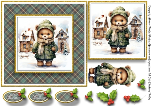 7x7 Cute Christmas Ted 4 Card Front, Topper, Decoupage & Sentiments