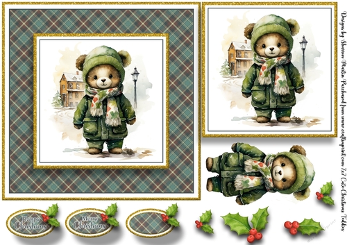 7x7 Cute Christmas Ted 5 Card Front, Topper, Decoupage & Sentiments