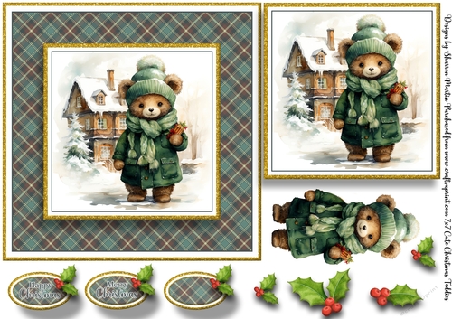 7x7 Cute Christmas Ted 6 Card Front, Topper, Decoupage & Sentiments