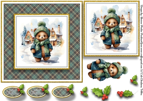 7x7 Cute Christmas Ted 7 Card Front, Topper, Decoupage & Sentiments