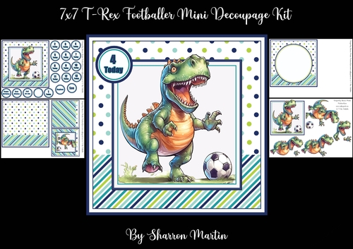 7x7 T-Rex Footballer Mini Decoupage Kit - x4 A4 sheets 