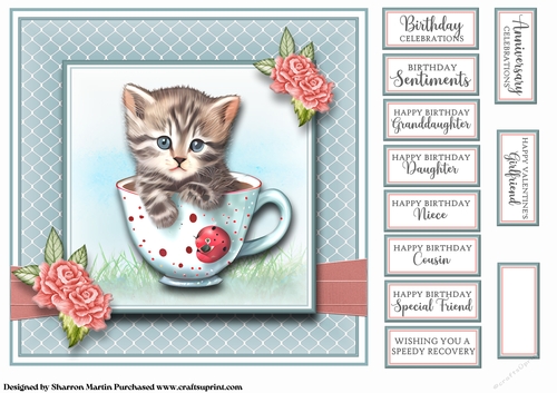 8x8 Cute Kitten in a cup Card Front with Sentiments 