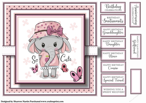 8x8 So Cute Elephant Card Front with Sentiments 
