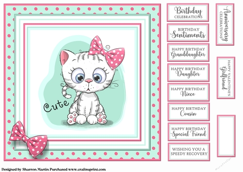 8x8 Bright Cute Kitty Card Front with Sentiments 
