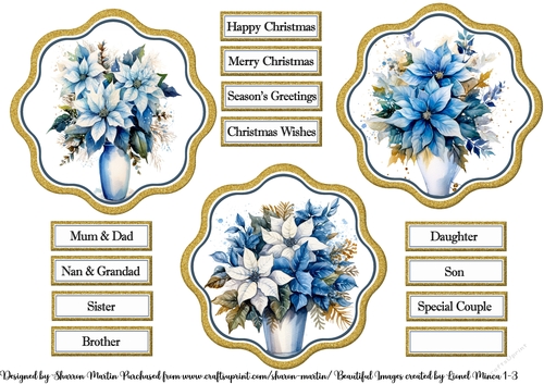 Blue Poinsettias 1-3 Toppers with Sentiments 