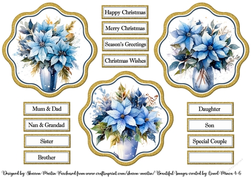 Blue Poinsettias 4-6 Toppers with Sentiments 