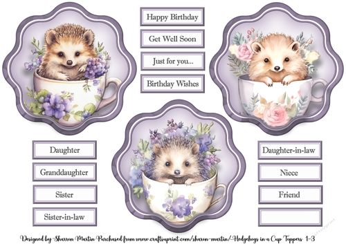 Cute Hedgehogs in a Cup 1-3 Toppers with Sentiments 