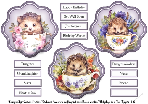 Cute Hedgehogs in a Cup 4-6 Toppers with Sentiments 