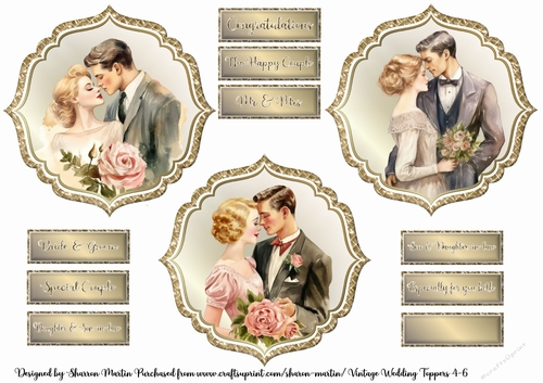 Vintage Wedding Bride & Groom 4-6 Toppers with Sentiments 