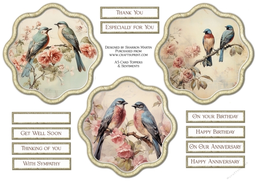 x3 Shabby Chic Birds Toppers with Sentiments 