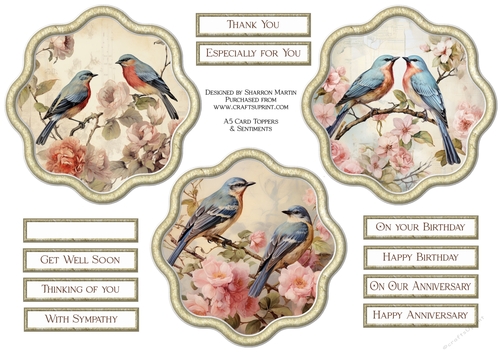 x3 Shabby Chic Birds Toppers with Sentiments 