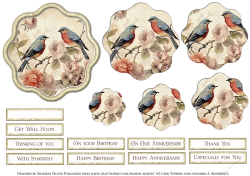 Shabby Chic Bird 6 Pyramid Toppers 