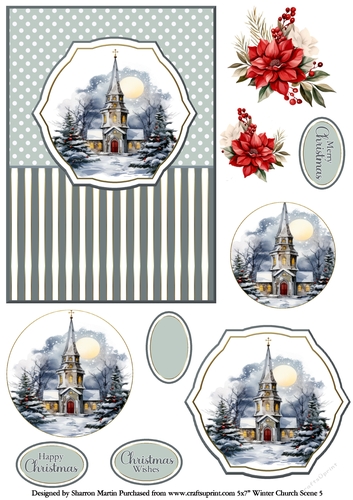5x7 Winter Church Scene 5 Circle Pyramage Design