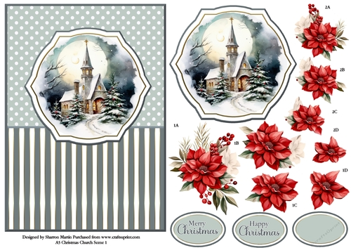 A5 Winter Church Scene 1 Card Front, Topper and Floral Decoupage 