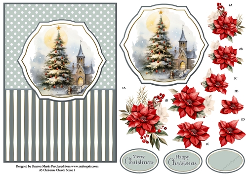 A5 Winter Church Scene 2 Card Front, Topper and Floral Decoupage 