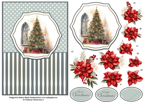 A5 Winter Church Scene 3 Card Front, Topper and Floral Decoupage 