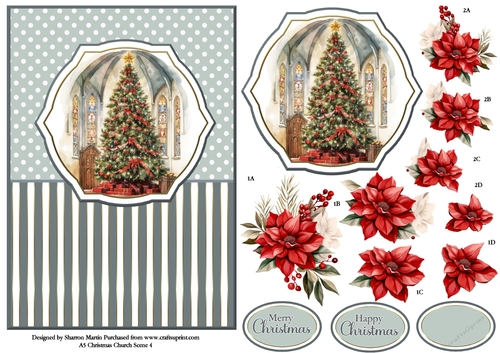 A5 Winter Church Scene 4 Card Front, Topper and Floral Decoupage 