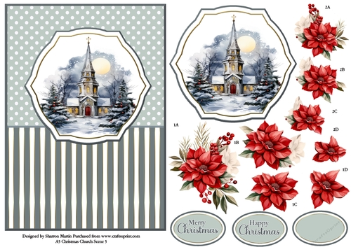A5 Winter Church Scene 5 Card Front, Topper and Floral Decoupage 