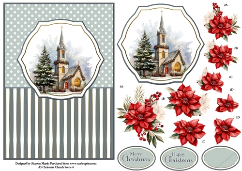 A5 Winter Church Scene 6 Card Front, Topper and Floral Decoupage 
