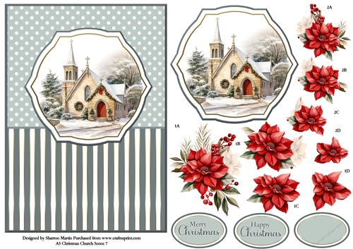 A5 Winter Church Scene 7 Card Front, Topper and Floral Decoupage 