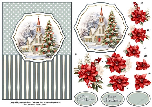 A5 Winter Church Scene 8 Card Front, Topper and Floral Decoupage 