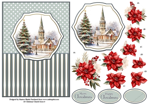 A5 Winter Church Scene 9 Card Front, Topper and Floral Decoupage 