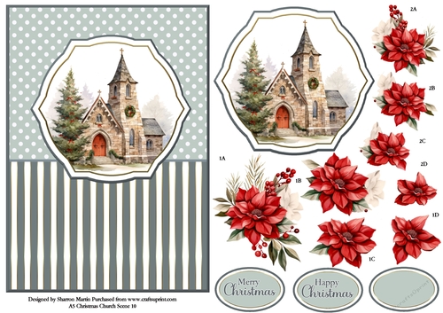 A5 Winter Church Scene 10 Card Front, Topper and Floral Decoupage 