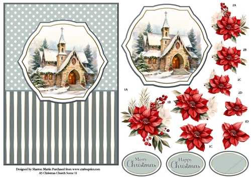 A5 Winter Church Scene 11 Card Front, Topper and Floral Decoupage 