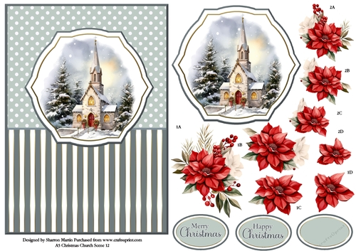 A5 Winter Church Scene 12 Card Front, Topper and Floral Decoupage 