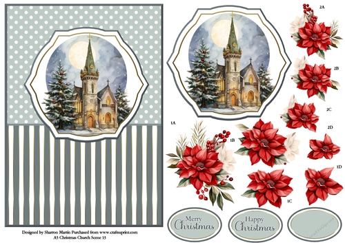 A5 Winter Church Scene 13 Card Front, Topper and Floral Decoupage 