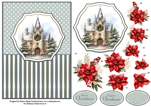 A5 Winter Church Scene 15 Card Front, Topper and Floral Decoupage 