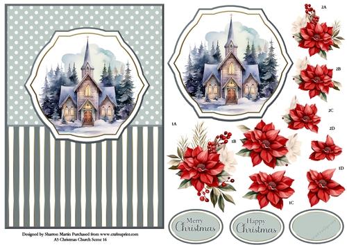 A5 Winter Church Scene 16 Card Front, Topper and Floral Decoupage 