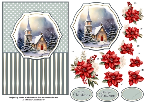 A5 Winter Church Scene 17 Card Front, Topper and Floral Decoupage 